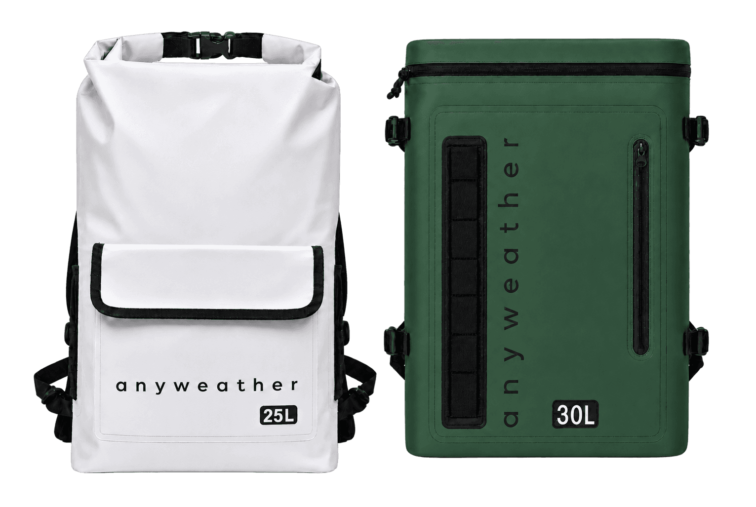 White and forest green anyweather waterproof backpacks