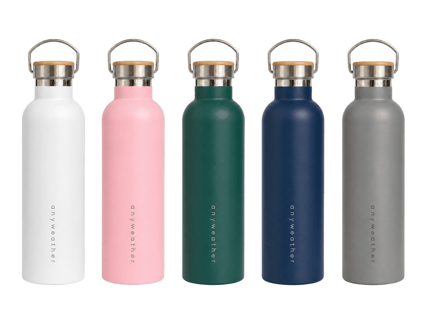 anyweather bottles in white, pink, forest green, navy and grey