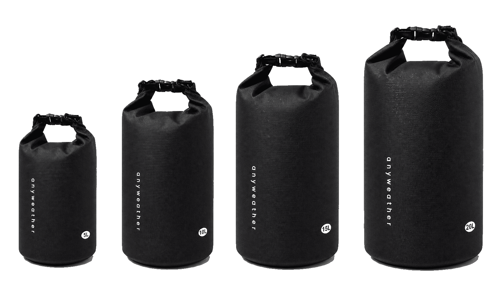 anyweather black dry bags in four sizes