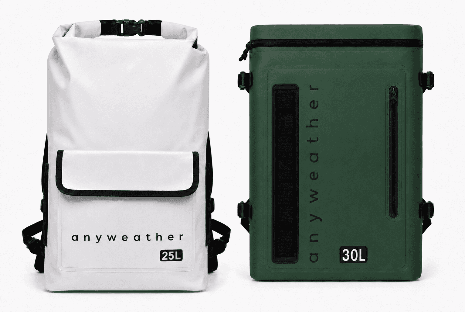 White and forest green anyweather waterproof backpacks
