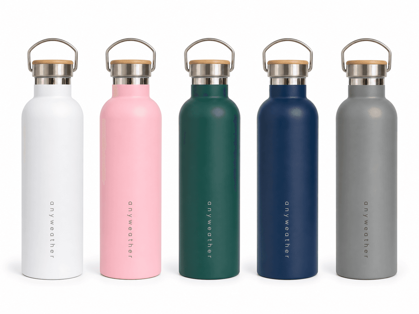 anyweather bottles in white, pink, forest green, navy and grey