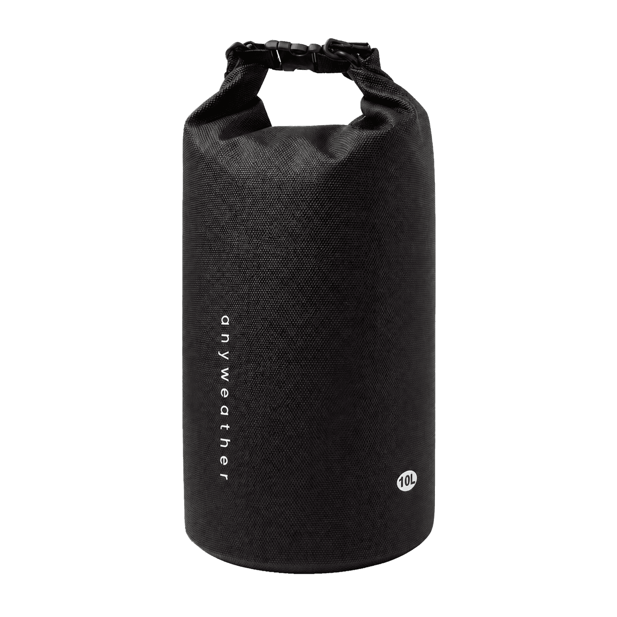 Black 10 litre anyweather dry bag showing the textured waterproof material and roll-top buckle