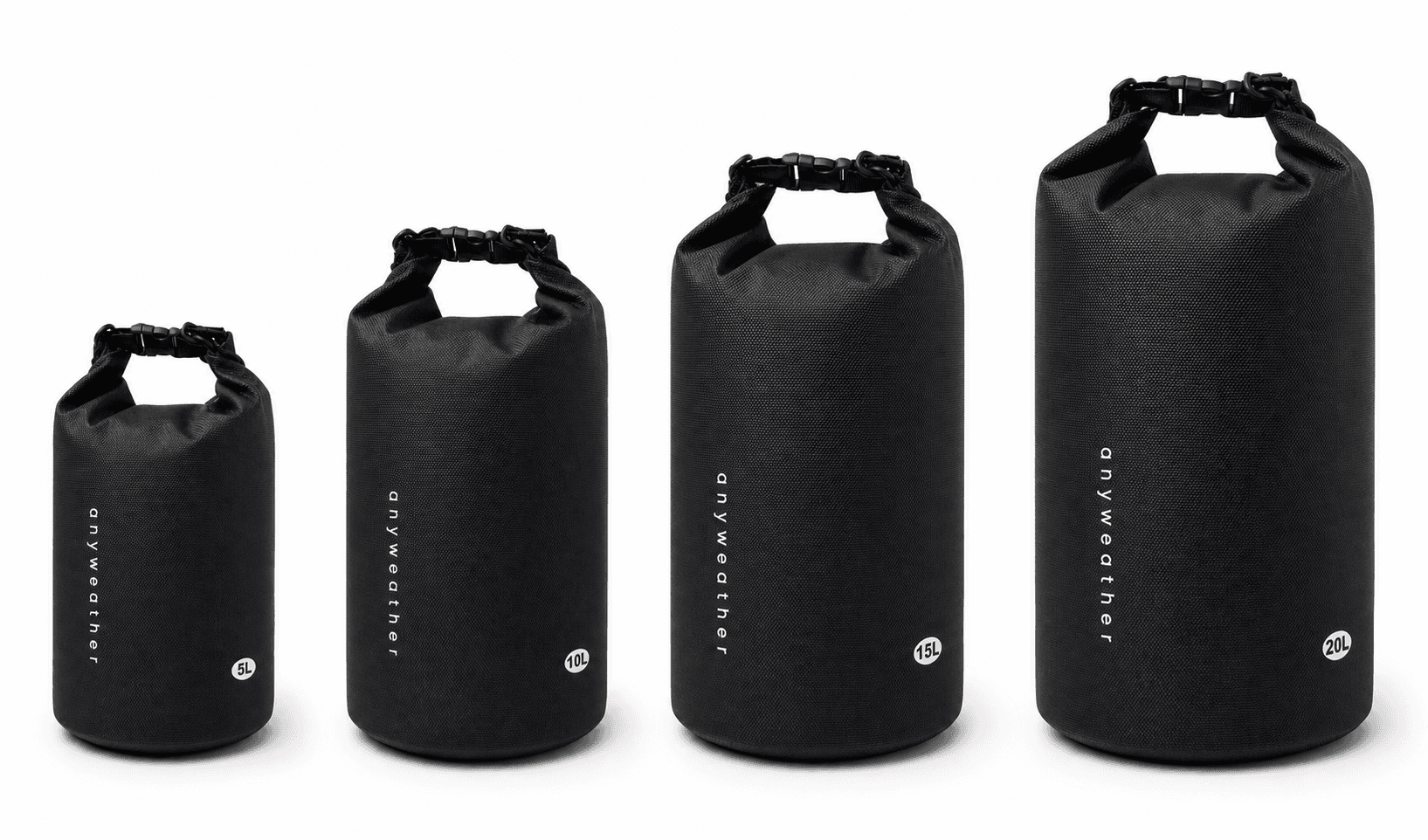 anyweather black dry bags in four sizes