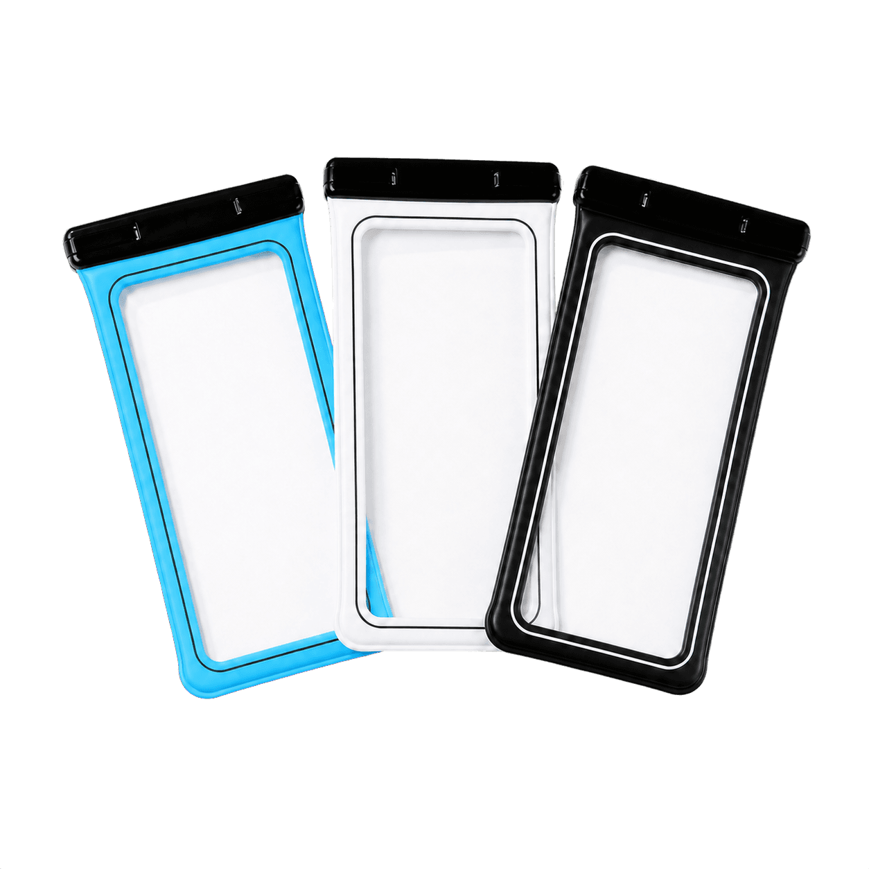 Waterproof phone cases in Blue, White and Black
