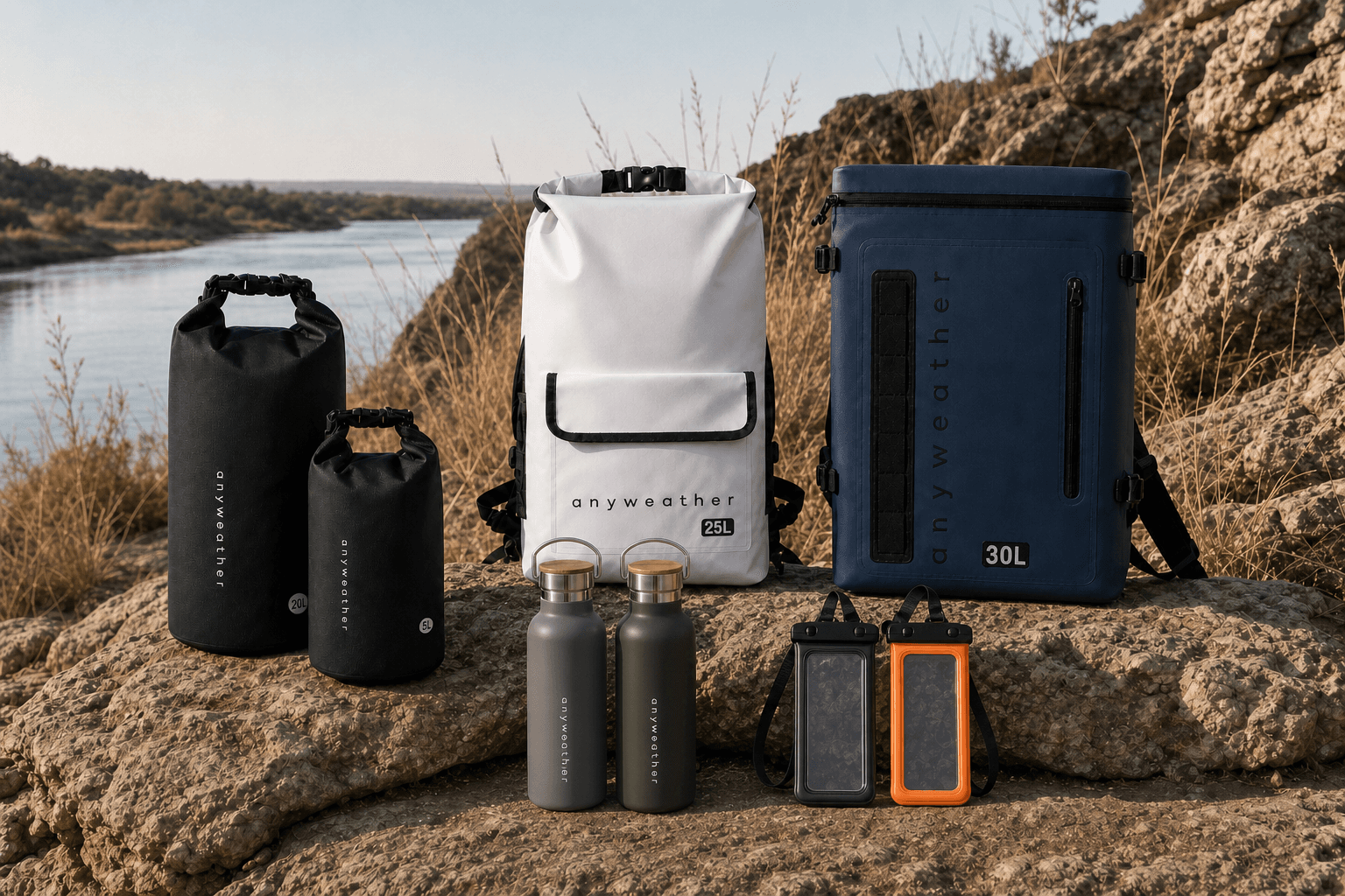 White and Navy Blue anyweather backpacks, two Black dry bags, Grey and Forest Green bottles with bamboo carry lids, and equal-sized Black and Orange waterproof phone cases arranged on natural rocks beside a river