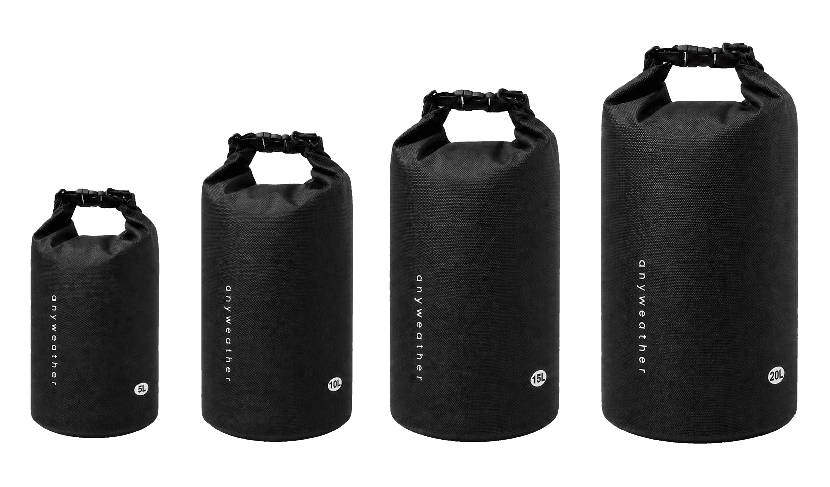 Black anyweather roll-top dry bags in 5, 10, 15 and 20 litre sizes