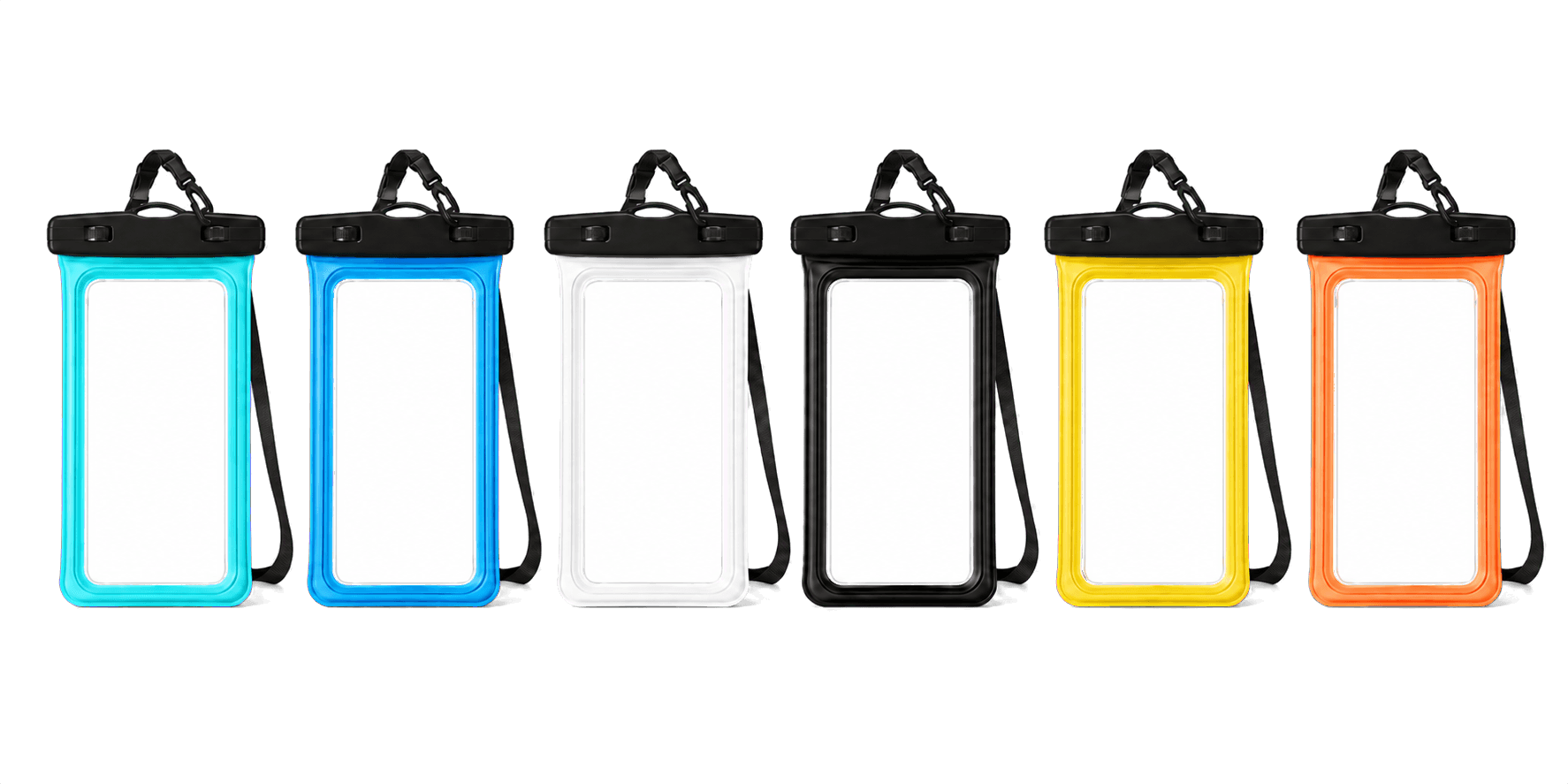 Waterproof phone case colour range in Light Blue, Blue, White, Black, Yellow and Orange