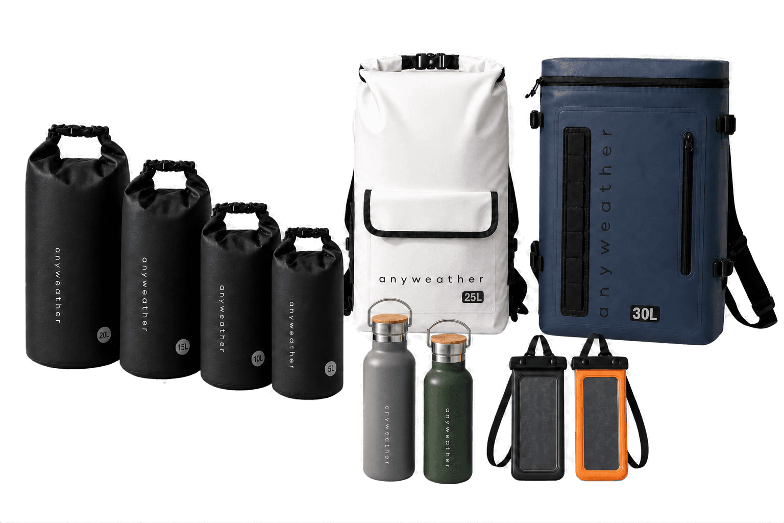 anyweather Value Pack with two backpacks, four black dry bags, two bottles and two waterproof phone cases